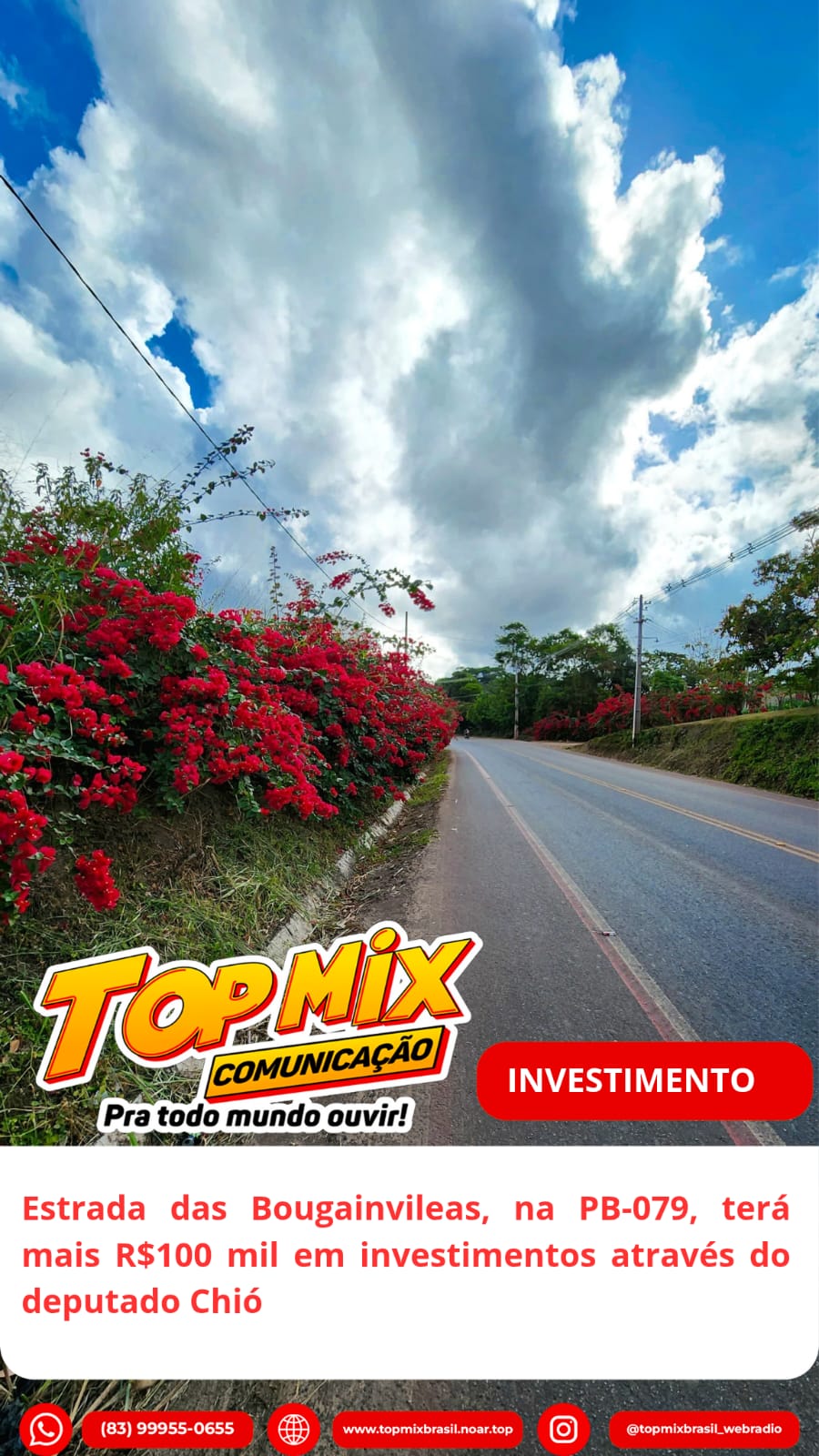 ​Estrada das Bougainvilleas, na PB-079, terá mais R$100 mil em investimentos através do deputado Chió