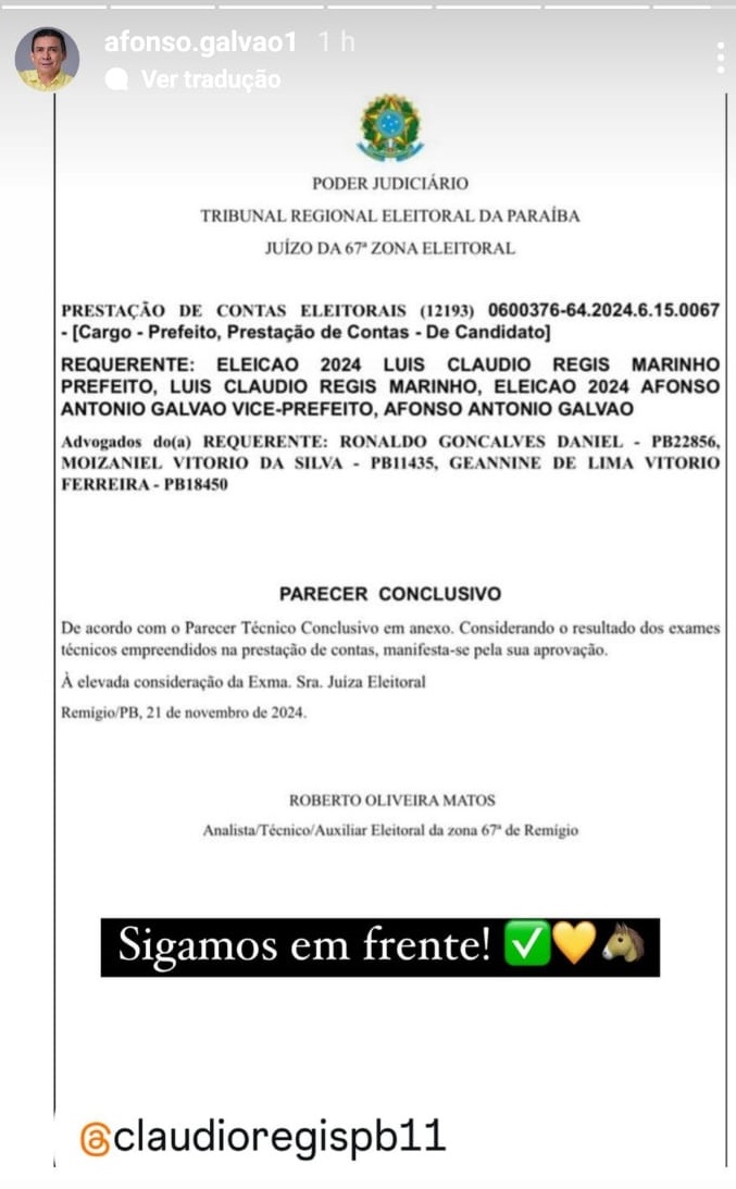 Vice-prefeito eleito de Remígio comemora aprovação de contas de campanha
