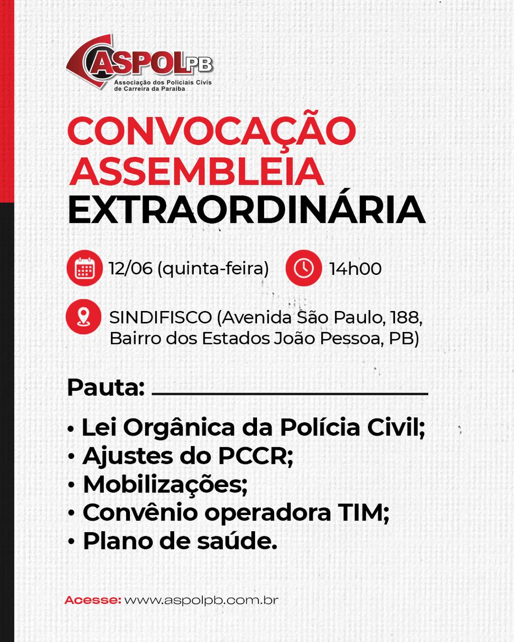 Aspol/PB Convoca Associados Para Assembleia Geral Extraordinária
